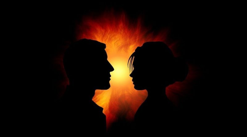 Silhouettes d’un homme et d’une femme se faisant face dans l’ombre, séparées par une lumière intense évoquant un conflit, une opposition ou un affrontement psychologique.