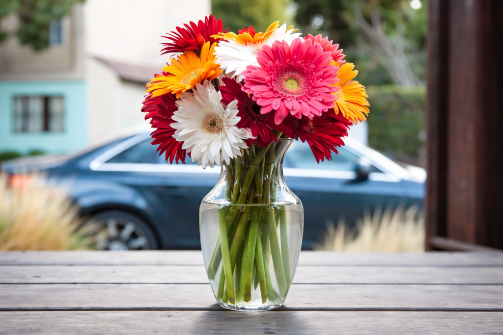 Bouquet de fleurs colorées disposé dans un vase en verre transparent, posé sur une table en bois, avec arrière-plan urbain flouté.