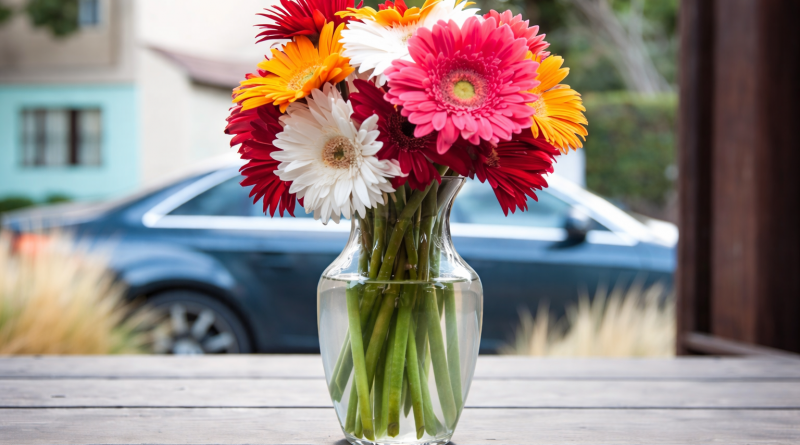 Bouquet de fleurs colorées disposé dans un vase en verre transparent, posé sur une table en bois, avec arrière-plan urbain flouté.