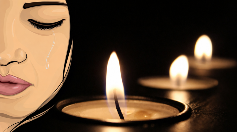 Illustration d’une femme en deuil, les yeux fermés, une larme sur la joue, face à des bougies allumées dans l’obscurité.