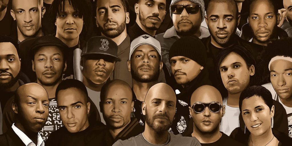 Montage illustré de plusieurs artistes de musique urbaine aux expressions sérieuses, représentant la diversité et la force du rap français.