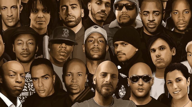 Montage illustré de plusieurs artistes de musique urbaine aux expressions sérieuses, représentant la diversité et la force du rap français.