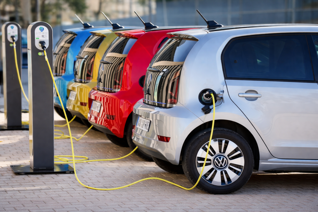 Voitures électriques stationnées et branchées à des bornes de recharge en milieu urbain, illustrant la mobilité électrique et la transition énergétique.
