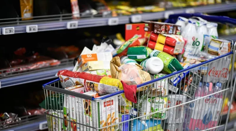 Chariot de supermarché rempli de produits alimentaires industriels emballés, illustrant la place dominante de l’alimentation transformée dans les courses du quotidien.
