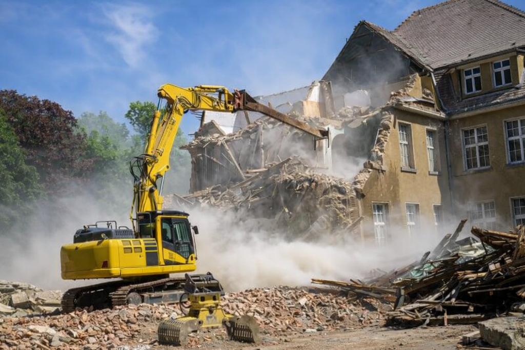 Maison en cours de démolition par une pelleteuse, nuage de poussière, gravats au sol, scène de destruction immobilière.