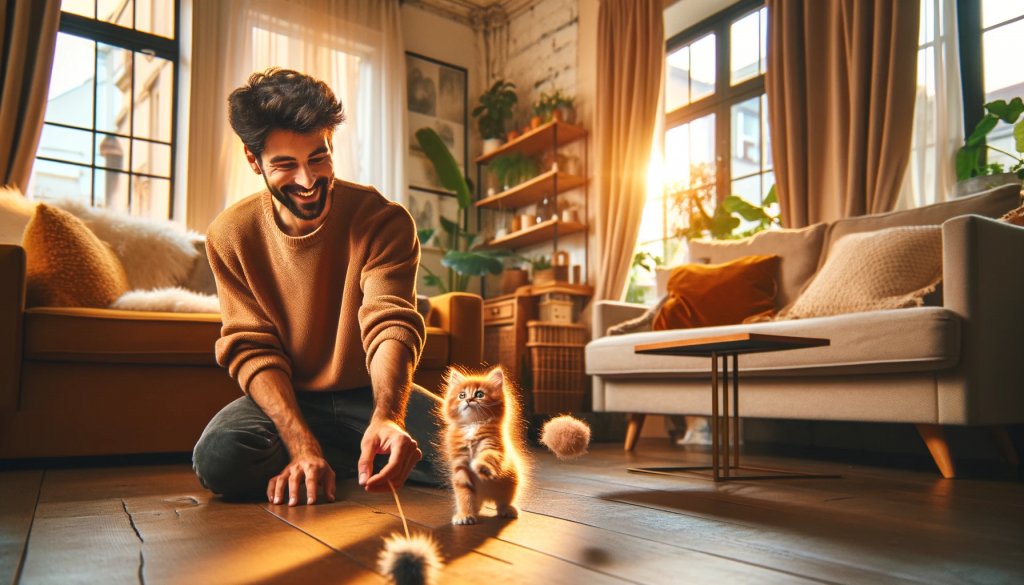 Un homme joue avec un jeune chat à l’intérieur d’un salon lumineux et chaleureux, symbole d’une adoption réussie et d’une relation de confiance entre humain et animal.