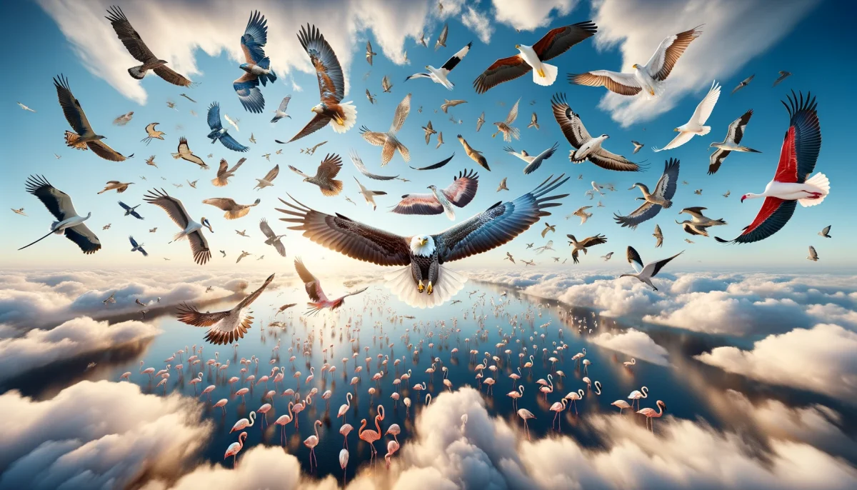 Groupe d’oiseaux en vol synchronisé dans un ciel clair, illustrant leurs mouvements coordonnés et l’harmonie de leurs trajectoires aériennes.