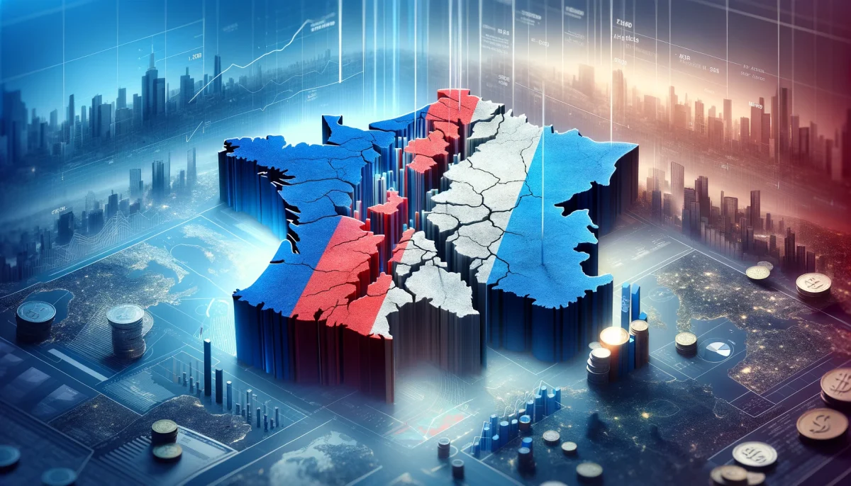 Carte géographique fragmentée en plusieurs blocs symbolisant une division économique et territoriale avec graphiques financiers