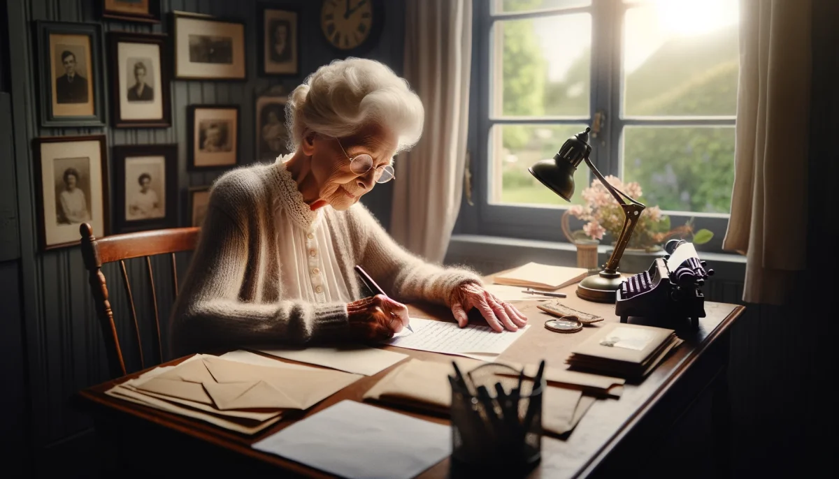 Personne âgée assise à un bureau en bois, écrivant une lettre manuscrite à la lumière d’une lampe, dans un intérieur chaleureux et ancien, avec des photos encadrées au mur et une fenêtre donnant sur la nature.