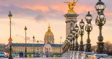Vue panoramique du pont Alexandre III à Paris au coucher du soleil, avec ses lampadaires en fonte richement décorés alignés le long du pont, une statue dorée ailée au sommet d’un pilier monumental, quelques véhicules circulant au loin et le dôme doré des Invalides en arrière-plan sous un ciel aux teintes roses et orangées.