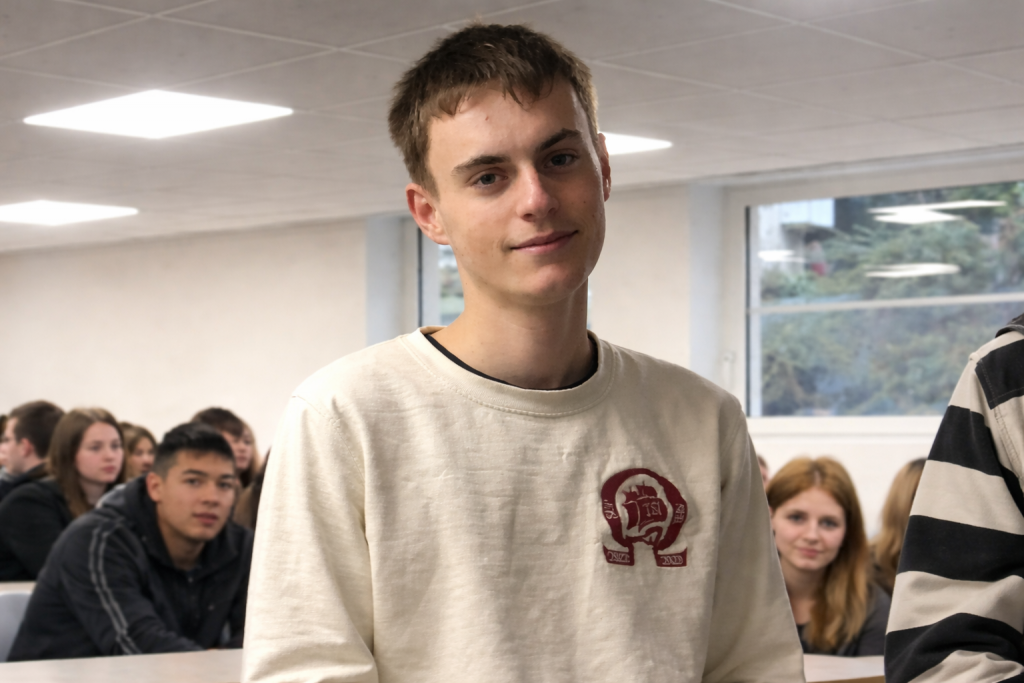 Jeune homme debout dans une salle de classe, regardant l’objectif, avec des élèves assis en arrière-plan sous un éclairage intérieur.