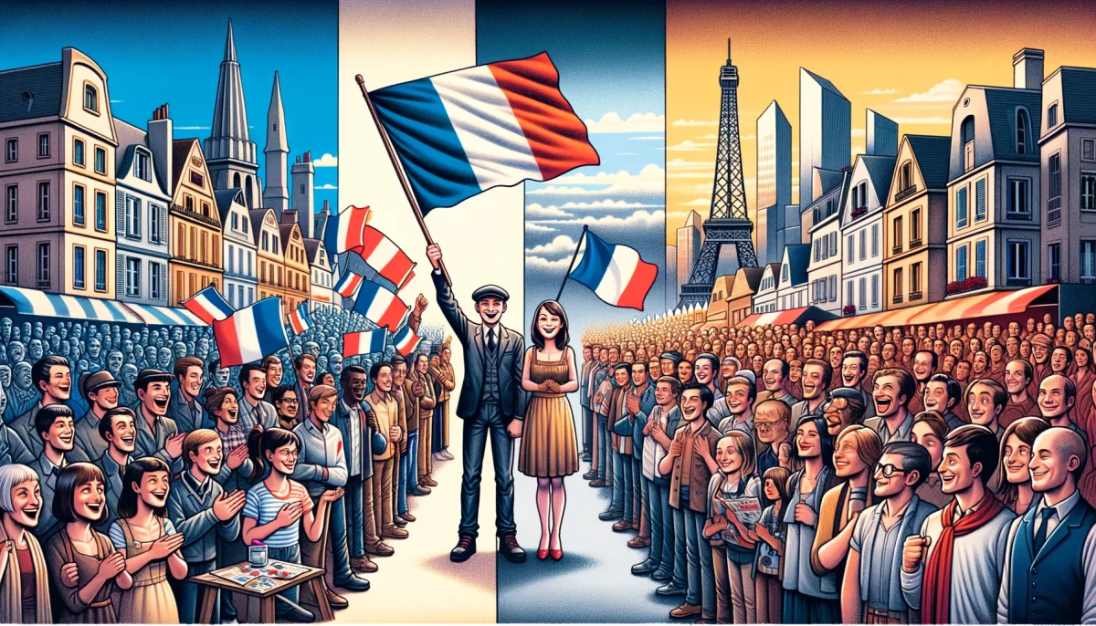 Illustration montrant deux visions opposées de l’attachement au pays, avec une foule brandissant des drapeaux tricolores, symbolisant le contraste entre ouverture collective et repli identitaire.