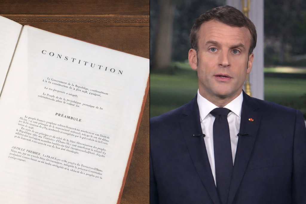 Livre de droit constitutionnel ouvert sur une table en bois, pages visibles et texte lisible, à côté d’un homme en costume sombre s’exprimant face caméra dans un cadre institutionnel, arrière-plan flouté.