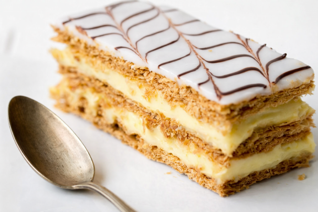 Part de mille-feuille traditionnel avec plusieurs couches de pâte feuilletée croustillante et de crème pâtissière, nappée d’un glaçage blanc décoré de lignes chocolatées.
