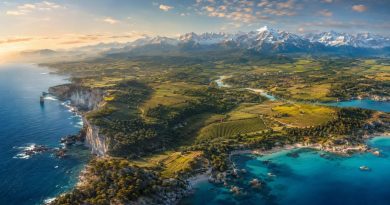 Panorama illustrant la diversité géographique de la France avec ses littoraux, ses plaines verdoyantes, ses vignobles, ses rivières et ses montagnes enneigées.