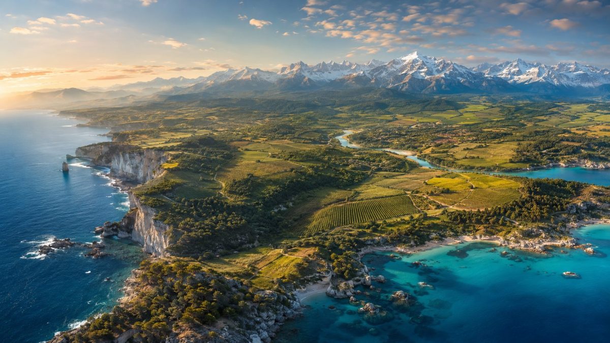 Panorama illustrant la diversité géographique de la France avec ses littoraux, ses plaines verdoyantes, ses vignobles, ses rivières et ses montagnes enneigées.