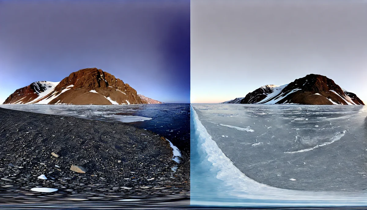 Deux îles arctiques rocheuses séparées par une frontière invisible, entourées de glace et d’eau sombre, illustrant un contraste temporel extrême entre deux territoires pourtant très proches.