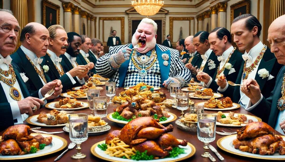 Scène satirique montrant une table luxueuse où des hommes en tenue élégante participent à un banquet excessif, entourés de plats abondants, symbolisant le coût élevé des institutions et des privilèges publics.