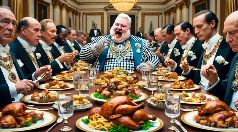 Scène satirique montrant une table luxueuse où des hommes en tenue élégante participent à un banquet excessif, entourés de plats abondants, symbolisant le coût élevé des institutions et des privilèges publics.