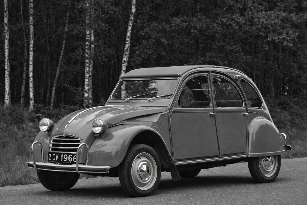 Voiture ancienne en noir et blanc stationnée sur une route de campagne bordée d’arbres, silhouette emblématique et design rétro.
