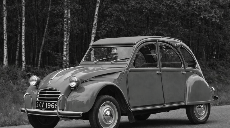 Voiture ancienne en noir et blanc stationnée sur une route de campagne bordée d’arbres, silhouette emblématique et design rétro.