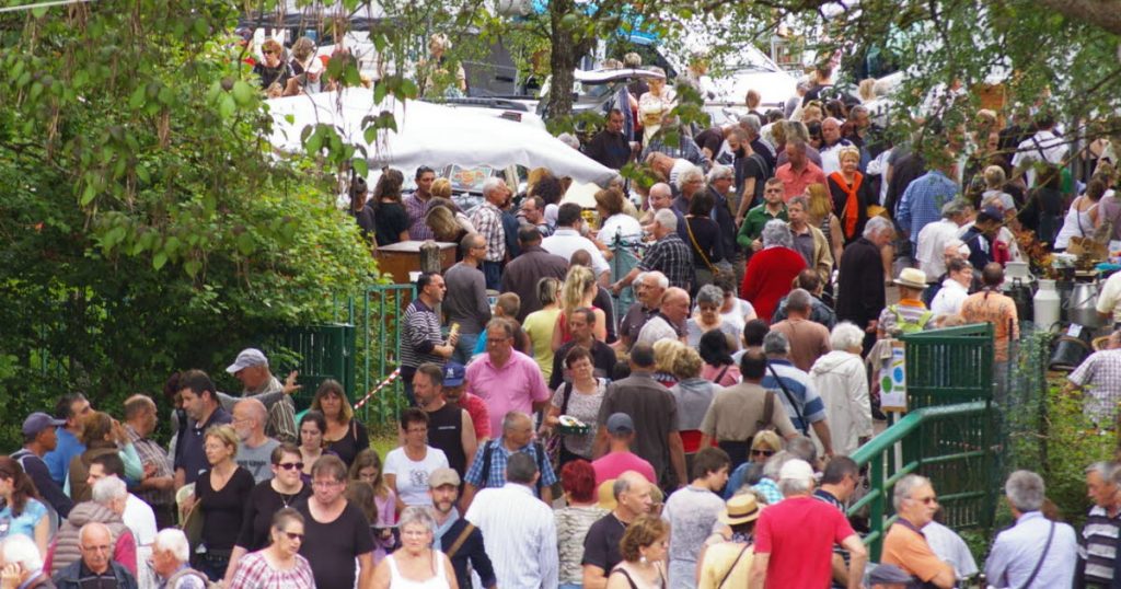 Foule dense de personnes se déplaçant dans une allée étroite lors d’un événement en plein air, entourée de stands et de verdure.