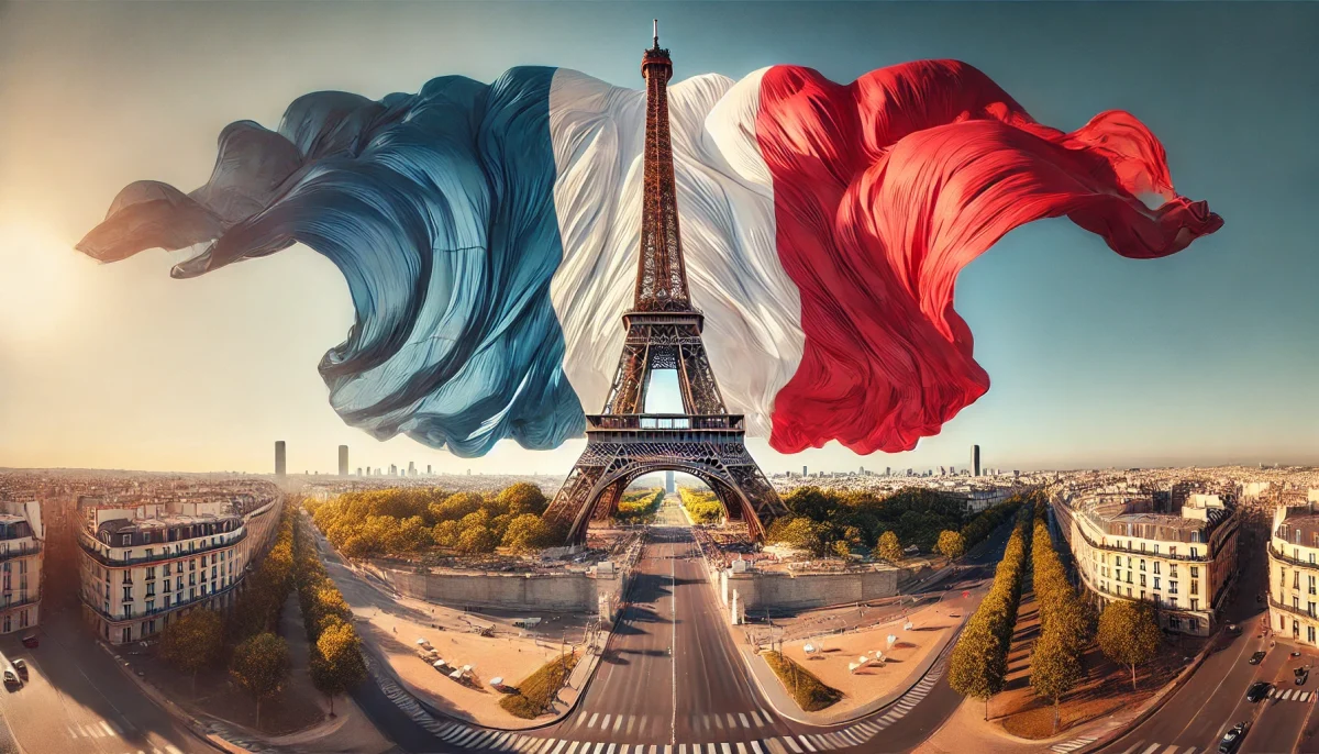 Drapeau tricolore flottant à l’extérieur, composé de trois bandes verticales bleu, blanc et rouge, symbole de l’identité nationale française.