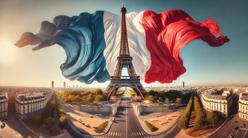 Drapeau tricolore flottant à l’extérieur, composé de trois bandes verticales bleu, blanc et rouge, symbole de l’identité nationale française.
