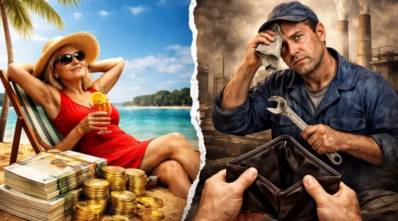 scène contrastée illustrant une personne âgée détendue sur une plage ensoleillée, allongée sur un transat avec un cocktail à la main et des piles de billets et de pièces à ses côtés, tandis qu’en parallèle un homme fatigué en tenue de travail, couvert de saleté, essuie son front en tenant un outil et observe un portefeuille vide dans un décor industriel sombre avec des cheminées, symbolisant les inégalités perçues autour de la retraite et des revenus en France