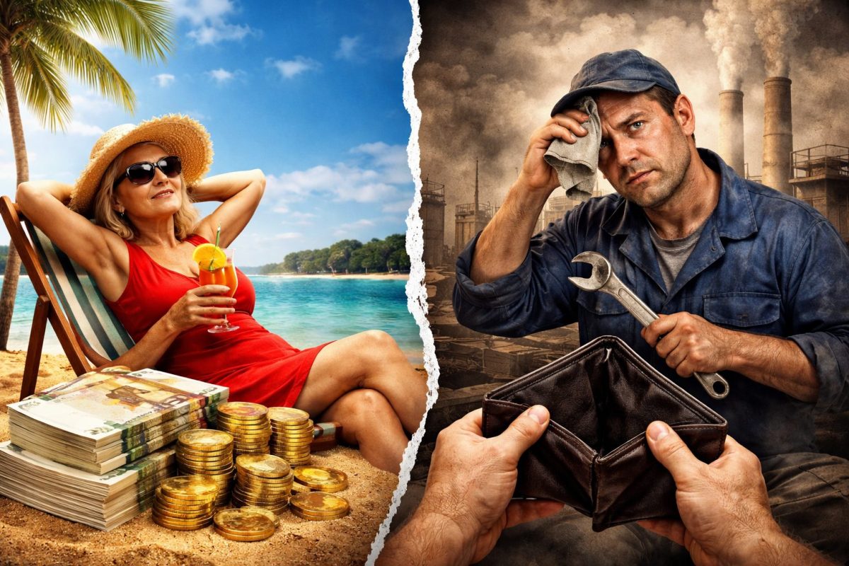 scène contrastée illustrant une personne âgée détendue sur une plage ensoleillée, allongée sur un transat avec un cocktail à la main et des piles de billets et de pièces à ses côtés, tandis qu’en parallèle un homme fatigué en tenue de travail, couvert de saleté, essuie son front en tenant un outil et observe un portefeuille vide dans un décor industriel sombre avec des cheminées, symbolisant les inégalités perçues autour de la retraite et des revenus en France