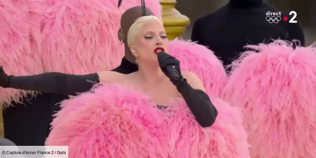 Scène réaliste d’une artiste sur scène vêtue d’une robe spectaculaire en plumes roses, éclairages de spectacle, ambiance nocturne