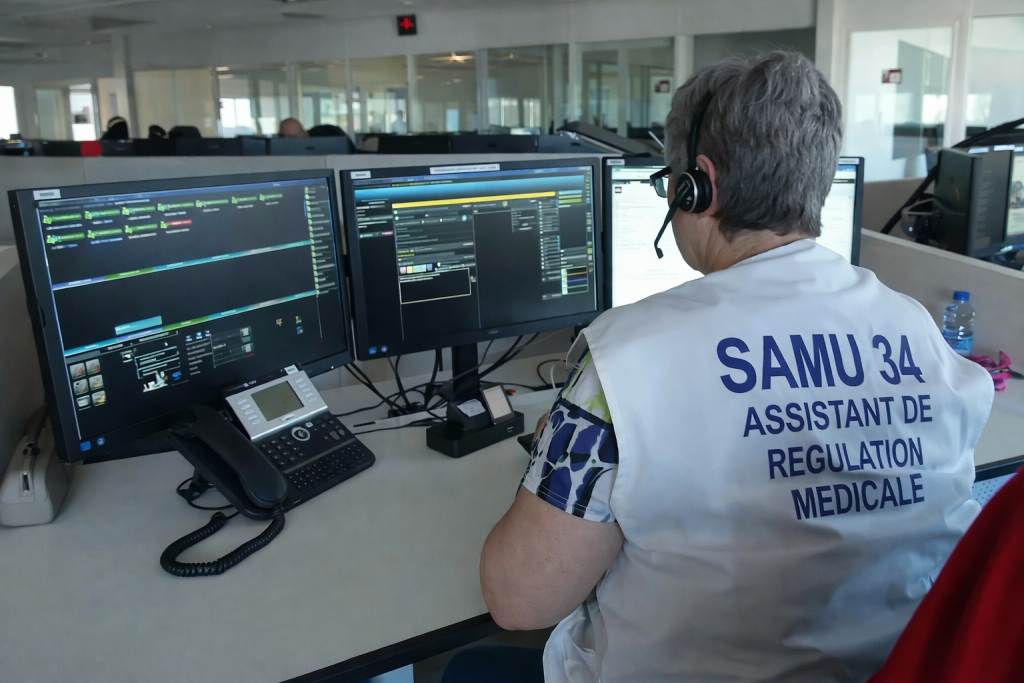 Opératrice d’urgence médicale assise devant plusieurs écrans informatiques, équipée d’un casque téléphonique, dans un centre d’appels de régulation sanitaire.