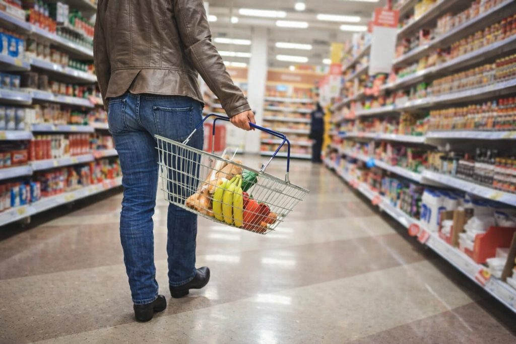 Personne faisant ses courses alimentaires dans un supermarché, tenant un panier rempli de fruits et de produits de base, illustrant les enjeux d’approvisionnement en période de crise.
