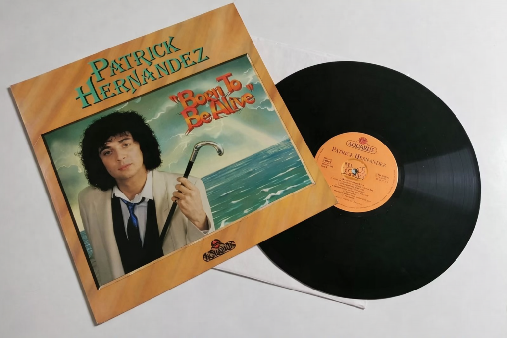 Disque vinyle posé à côté de sa pochette illustrée, montrant un chanteur aux cheveux bouclés tenant une canne, sur fond marin aux tons orangés et bleus.