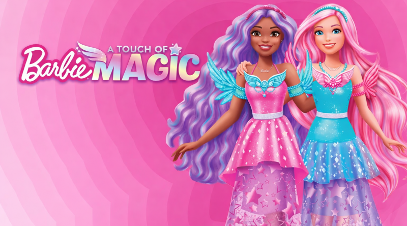 Illustration colorée montrant deux poupées de style féerique aux longues chevelures pastel, portant des robes scintillantes et des ailes, sur un fond rose dégradé.