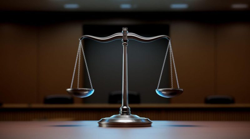 balance de justice métallique posée sur une table dans une salle de tribunal avec un arrière-plan flou et sombre symbolisant l’équité, l’impartialité et les décisions judiciaires en France
