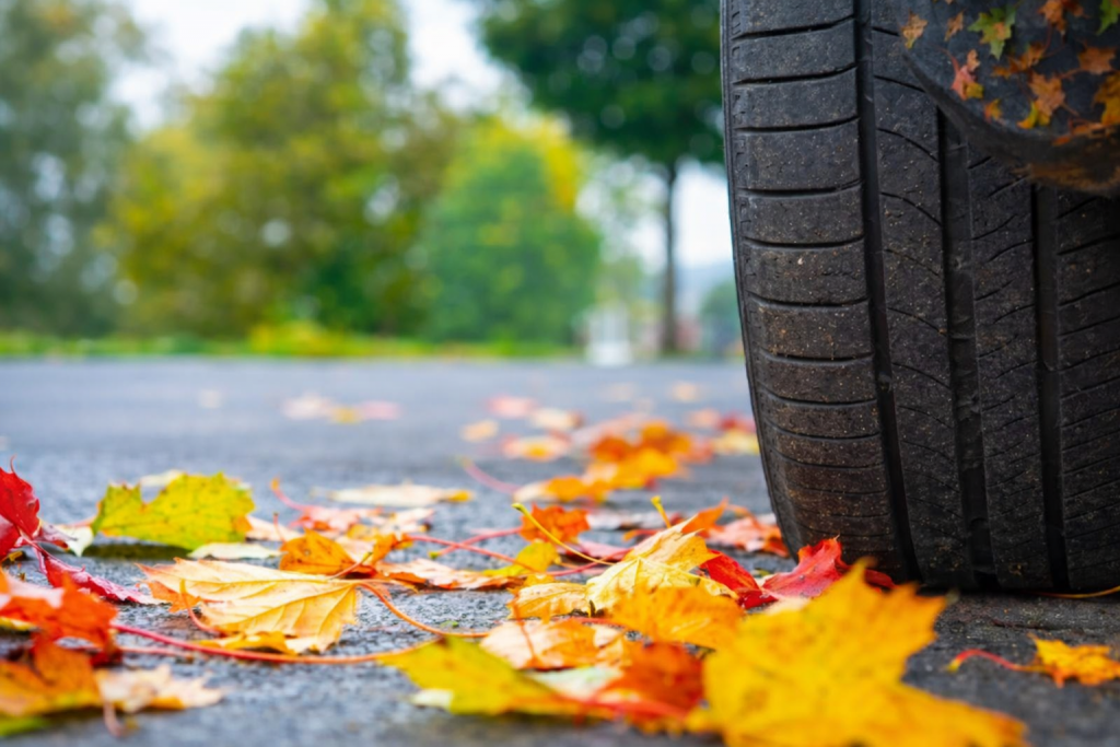 Pneu de voiture stationné au bord d’une chaussée humide recouverte de feuilles mortes colorées en automne, illustrant un risque de glissade sur la voie publique.