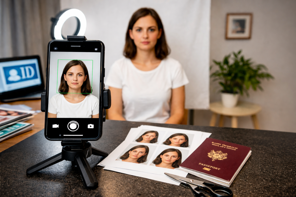 Personne assise face à un smartphone monté sur trépied réalisant une photo d’identité à domicile, avec éclairage neutre et tirages de photos posés sur une table.