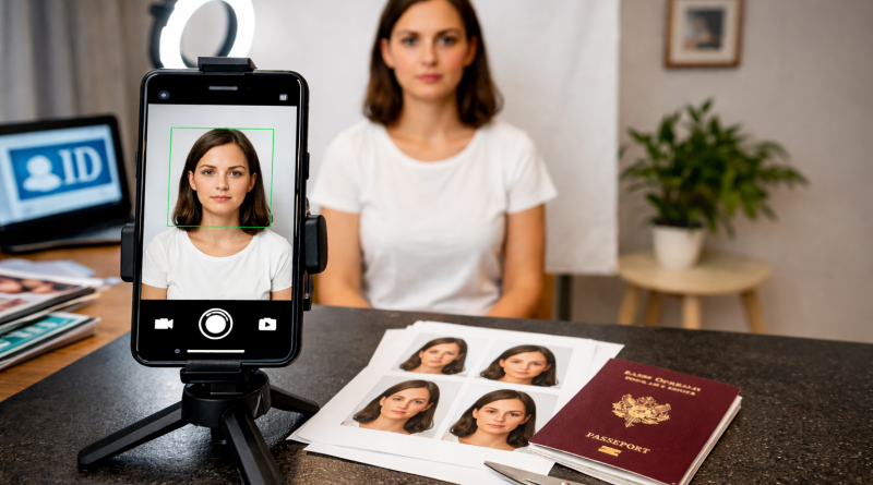 Personne assise face à un smartphone monté sur trépied réalisant une photo d’identité à domicile, avec éclairage neutre et tirages de photos posés sur une table.