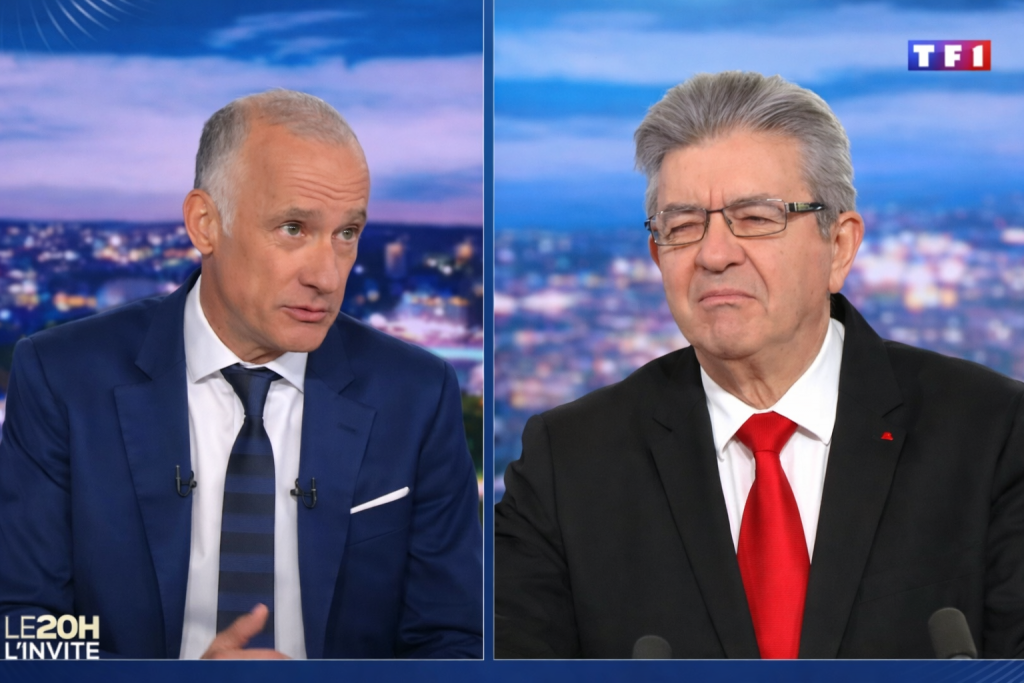 Échange tendu entre un journaliste et un responsable politique lors d’une interview télévisée en plateau.