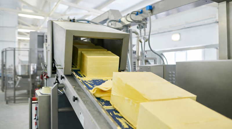 Blocs de beurre industriel sur une chaîne de production alimentaire, avançant sur un tapis roulant dans une usine moderne et lumineuse.