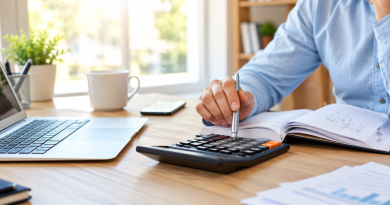 Personne utilisant une calculatrice devant un ordinateur portable et des documents administratifs pour vérifier ses comptes, illustration d'un trop-perçu CAF et des démarches de remboursement ou de contestation.