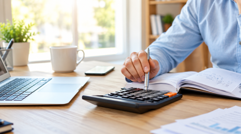 Personne utilisant une calculatrice devant un ordinateur portable et des documents administratifs pour vérifier ses comptes, illustration d'un trop-perçu CAF et des démarches de remboursement ou de contestation.