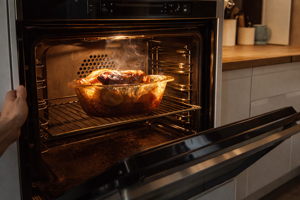 Plat en cuisson dans un four à chaleur tournante, montrant un récipient en verre avec viande rôtie et légumes, de la vapeur s’échappant pendant la cuisson.