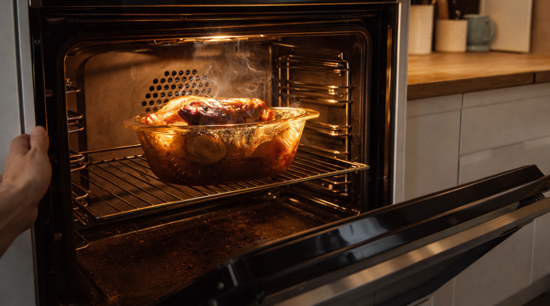 Plat en cuisson dans un four à chaleur tournante, montrant un récipient en verre avec viande rôtie et légumes, de la vapeur s’échappant pendant la cuisson.