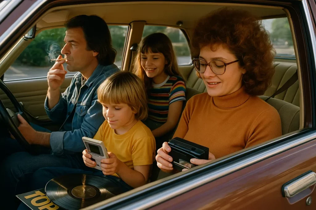 Famille assise dans une voiture ancienne lors d’un trajet, parents à l’avant et enfants à l’arrière, objets technologiques anciens en main, ambiance chaleureuse et rétro, scène du quotidien intergénérationnel