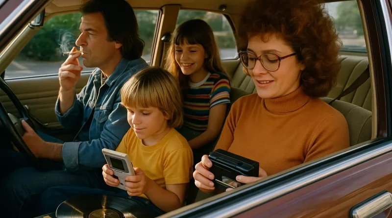 Famille assise dans une voiture ancienne lors d’un trajet, parents à l’avant et enfants à l’arrière, objets technologiques anciens en main, ambiance chaleureuse et rétro, scène du quotidien intergénérationnel