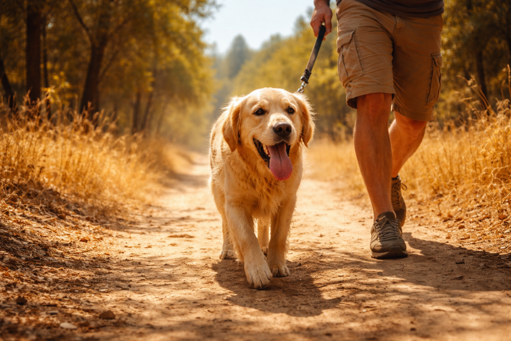 Chien tenu en laisse marchant difficilement sur un sentier sec en forêt sous une forte chaleur estivale