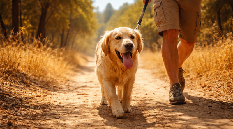 Chien tenu en laisse marchant difficilement sur un sentier sec en forêt sous une forte chaleur estivale