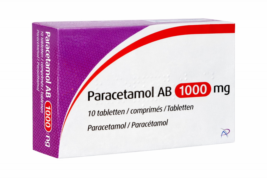 Boîte de comprimés antidouleur blanche et violette indiquant un dosage élevé, photographiée sur fond neutre.